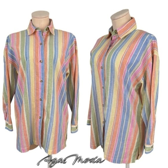 Harvé Benard Button Down Linen Vertical Stripes Shirt - Picture 1 of 13